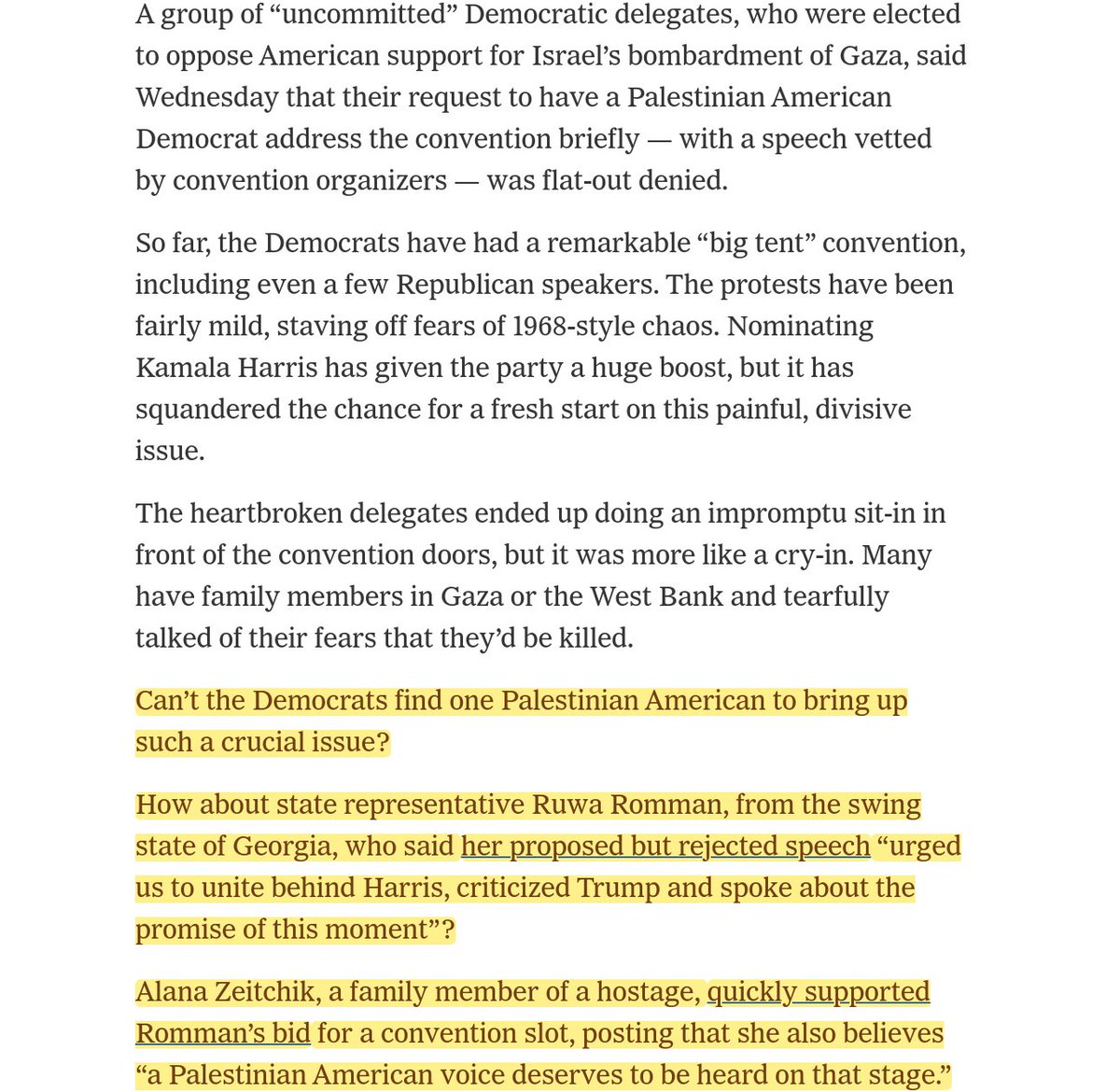 Chicago dispatch: Let a Palestinian speak.

Democrats are snatching defeat from the jaws of a unifying convention victory by not letting a single Palestinian-American address the DNC — even with a vetted speech from an elected Democrat supporting Harris.
nytimes.com/live/2024/08/2…