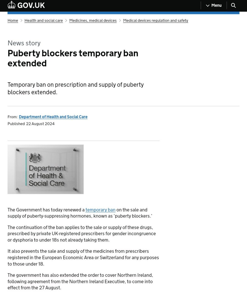 genspect's tweet photo. 🇬🇧 Major update: The UK renews the ban on puberty blockers for minors:

⚡ Applies to private prescribers for under-18s not already on them.
⚡ Blocks supply from EEA and Swiss prescribers to all under-18s.
⚡ Now extends to Northern Ireland, effective 27 August. https://t.co/pO0PQHKxw0