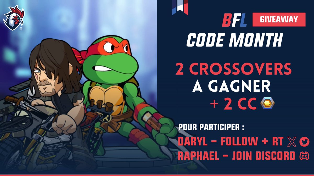 Préparez-vous pour non pas un mais deux giveaways !! 🔥🔥
Sont à gagner deux crossovers, un The Walking Dead et un TMNT. 

Pour participer : 
RT + Follow -> Daryl + 1 CC
Rejoindre le discord -> Raphael + 1 CC
discord.gg/brawlhalla-fre…

Tirage au sort le 31/08
#Giveaway #brawlhalla