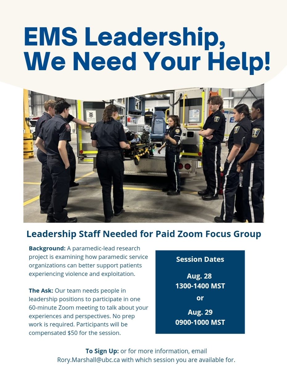 Do you want to participate in a PAID focus group? 

To sign up or to receive more information email:

Rory.marshall@ubc.ca

#research #EMS #leadership #education #paramedicpractice #support #patientcare #paramedic #alberta