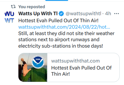 MikeChillit's tweet photo. #HottestEver π€‘π€‘π€‘
Climate nuts have definitely infiltrated #NOAA. I noticed this NOAA blurb when it was posted and decided to keep the powder dry. But I'm glad #WUWT is giving the agency the Raspberries. https://t.co/osm1oFBVe0
