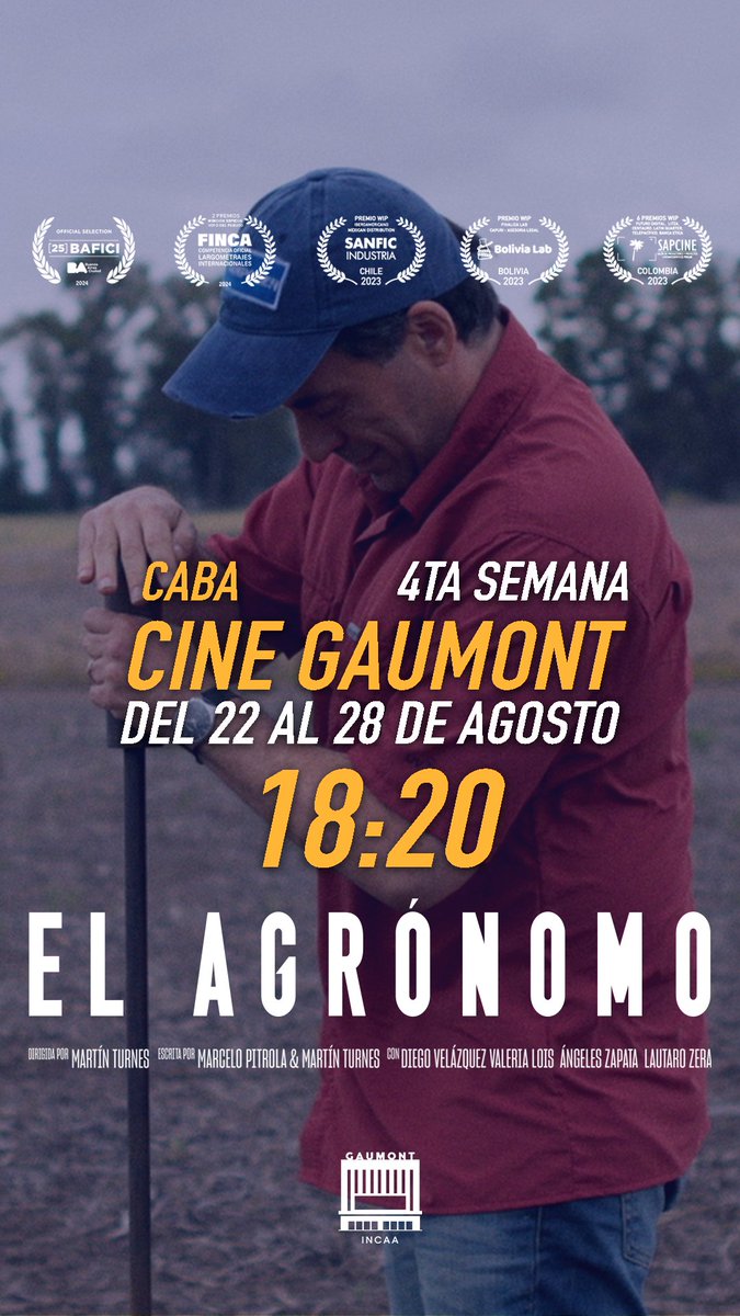 Martín Turnes (@martinturnes) on Twitter photo EL AGRÓNOMO <a href="/ElAgronomoFilm/">ElAgronomoFilm</a>
2024, 72 min, ATP C/L
Continúa por 4ta semana en el <a href="/CineGaumont/">Cine Gaumont</a> !!!
Desde HOY jueves 22 al miércoles 28 de AGOSTO a las 18:20hs, en Av. Rivadavia 1635 #CABA
✋🏽HOY Jueves 22 estaré presentando y charlando con el público al terminar la función! EL AGRÓNOMO <a href="/ElAgronomoFilm/">ElAgronomoFilm</a>
2024, 72 min, ATP C/L
Continúa por 4ta semana en el <a href="/CineGaumont/">Cine Gaumont</a> !!!
Desde HOY jueves 22 al miércoles 28 de AGOSTO a las 18:20hs, en Av. Rivadavia 1635 #CABA
✋🏽HOY Jueves 22 estaré presentando y charlando con el público al terminar la función!