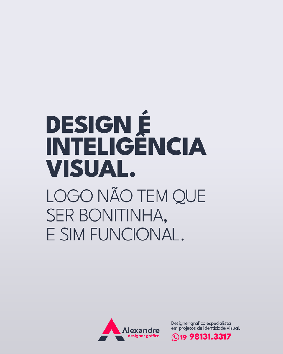 AlexandreDesig4's tweet photo. Design �� inteligência visual,
Logo não tem que ser bonitinha, e sim funcional.
Vamos bater um papo!
Será um prazer conversar e te ajudar a desenvolver
um projeto envolvente e criativo.

Peça sua proposta pelo Whats (19) 98131.3317
https://t.co/88He788E3s 
#identidadevisual https://t.co/IwSW8aMPKz