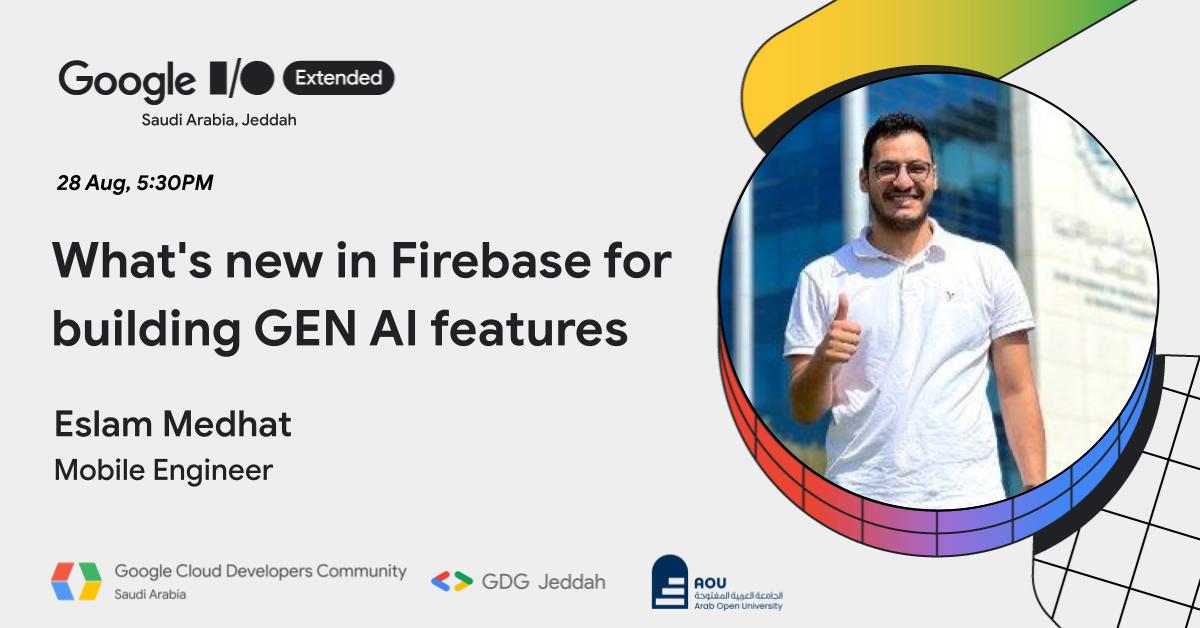 GCDCSaudi's tweet photo. تعرف على كيف يمكن لـ Firebase تمكينك من بناء ميزات ذكاء اصطناعي توليدي مذهلة ترتقي بتطبيقاتك إلى مستوى جديد مع اسلام مدحت!

حياكم في Google I/O Extended 👇

📍الجامعة العربية المفتوحة، جدة
🗓️الأربعاء، 28 أغسطس، الساعة 5:30 عصراً 
للتسجيل: https://t.co/O4o77dXnqE
#GoogleIOExtended https://t.co/EGbYiurnSQ