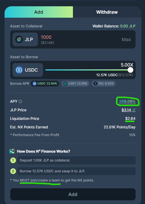 Ok there are no perps but you can actually stake with leverage on Kamino (up to 3x) and on <a href="/NX_Finance/">NX Finance ⚖️</a>  up to 5x against USDC.

THE $JLP yield minus the borrowing yield of USDC adds up to over 200% APY rn which is wild and the liquidation price is still not too close at 2.64 imo.