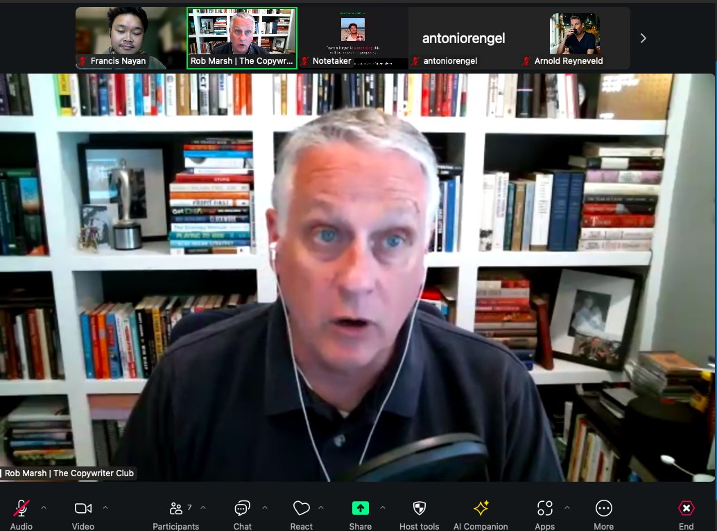 Just had my old mentor, Rob from The Copywriter Club (<a href="/copywriterclub/">The Copywriter Club</a>) hop on a call with my community and he just gave the sauce. 

We covered client-getting, positioning, and how to build a profitable freelance biz in 2024. 

Grateful to have learned from so many smart folks.