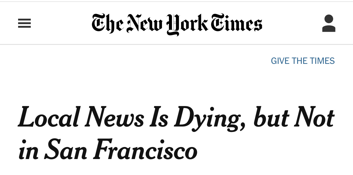 Grant_Marek's tweet photo. Oh HEY. 👋

According to the @elitanjourno at the NYT, local news is not dying in SF. As the EIC at @SFGate  — SF's most visited media site (and the largest free outlet on the ENTIRE West Coast) — just wanted to say it's true, plus update you on how "not dying" we are 👇

🧵 https://t.co/FWbvQ2UW1A
