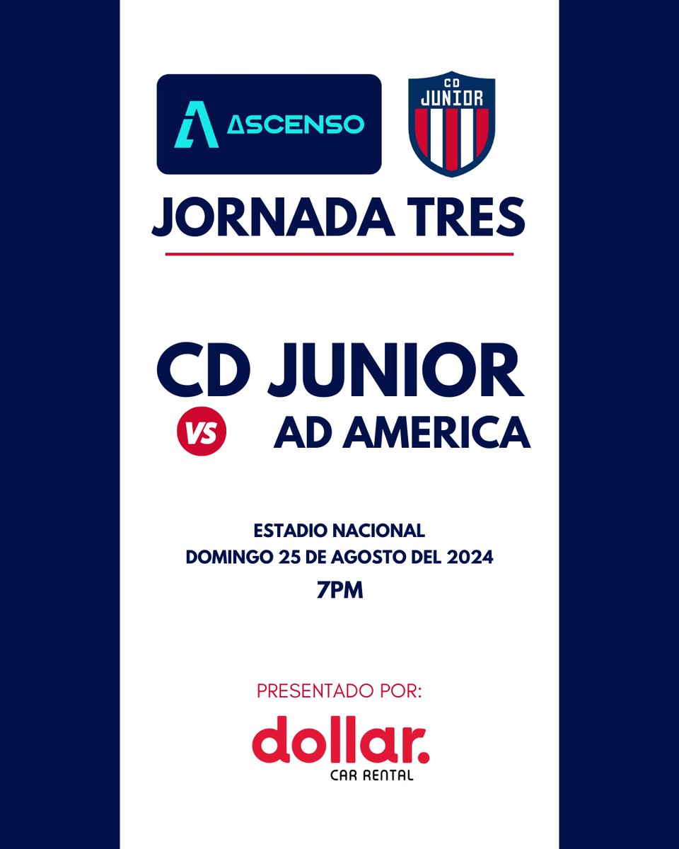 📍 Jornada tres
🏆 @ascensonic
🆚 AD América
📆 Domingo25 de agosto 2024
🏟️ Nacional
⏱️ 7PM