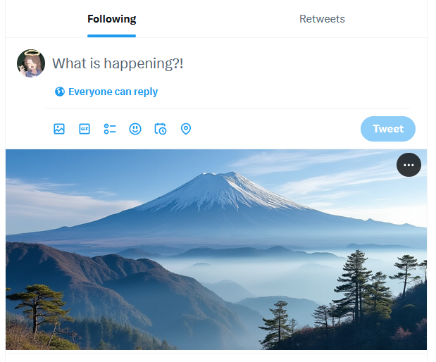 clown_depot's tweet photo. hey what is this???

i just opened twitter and this beautiful mountain revealed itself to me. it's not an ad, i cant click on it. and it's not in a tweet of any kind.

i clicked on the options button and all it offered was "show less often"

i refreshed and it was gone. what? https://t.co/Wg2AMAakyM