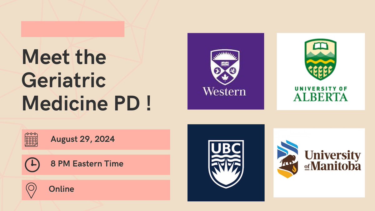 Canadian RGIG (@geriinterestgp) on Twitter photo Mark your calendars! Our last round of meet the PD sessions is coming up on August 29!
for zoom links contact
Manan.ahuja@medportal.ca Shannon.gui@medportal.ca
<a href="/westernuGMed/">Geriatric Medicine at Western</a> @UBCmedicine <a href="/UAlberta_FoMD/">UAlberta Med & Dent</a> <a href="/umanitoba/">University of Manitoba</a>
#RGIG #R4 #CARMS #geriatrics #medicine #MedTwitter Mark your calendars! Our last round of meet the PD sessions is coming up on August 29!
for zoom links contact
Manan.ahuja@medportal.ca Shannon.gui@medportal.ca
<a href="/westernuGMed/">Geriatric Medicine at Western</a> @UBCmedicine <a href="/UAlberta_FoMD/">UAlberta Med & Dent</a> <a href="/umanitoba/">University of Manitoba</a>
#RGIG #R4 #CARMS #geriatrics #medicine #MedTwitter