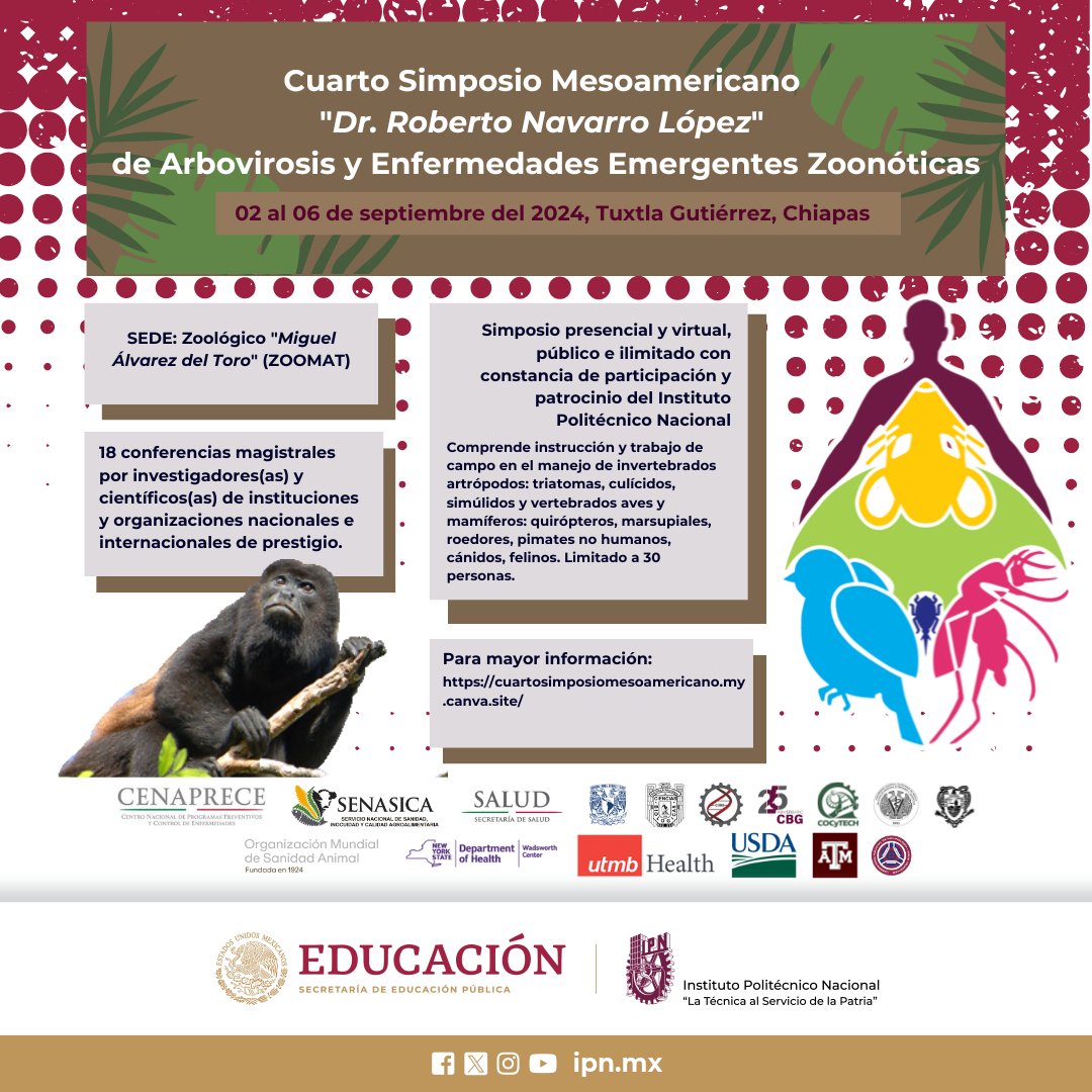 CBGIpn's tweet photo. El #Instituto Politécnico Nacional, te invita al IV Simposio Mesoamericano "Dr. Roberto Navarro López" de Arbovirosis y Enfermedades Emergentes Zoonóticas del 2-6 septiembre 2024, en su modalidad virtual y gratuito, regístrate en:

https://t.co/TMun2YB2zN https://t.co/Um3GLdcy21