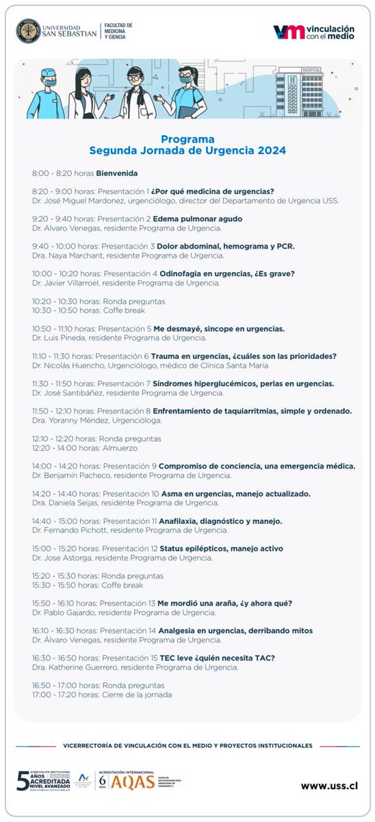 A las 14h continua el streaming en vivo de nuestra jornada de urgencia en nuestro canal de youtube @UrgenciaUss
<a href="/sochimu/">SOCHIMU</a>
<a href="/ifmsachile/">IFMSA-Chile</a> <a href="/ASOFAMECH/">ASOFAMECH</a> <a href="/mdu_ufro/">Programa de Medicina de Urgencia UFRO</a> <a href="/MUE_14/">eMUE</a> <a href="/michelereyhdez/">michel rey</a> <a href="/MDUCHILE/">MEDICINA DE URGENCIA</a> <a href="/UrgenciaUC/">Urgencia UC</a> <a href="/UandesUrgencia/">URGENCIA UANDES</a> <a href="/MgzChile/">MGZ Chile</a>