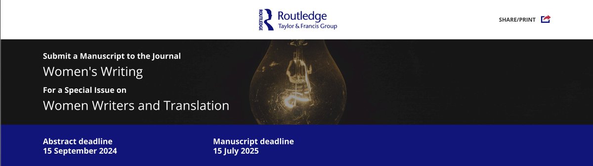KarenGriscom's tweet image. Call for papers! Submit your proposal for a special issue of Women’s Writing: Women Writers and Translation. The deadline for abstracts is 15 September 2024. For more details:  bit.ly/4cxgmIR