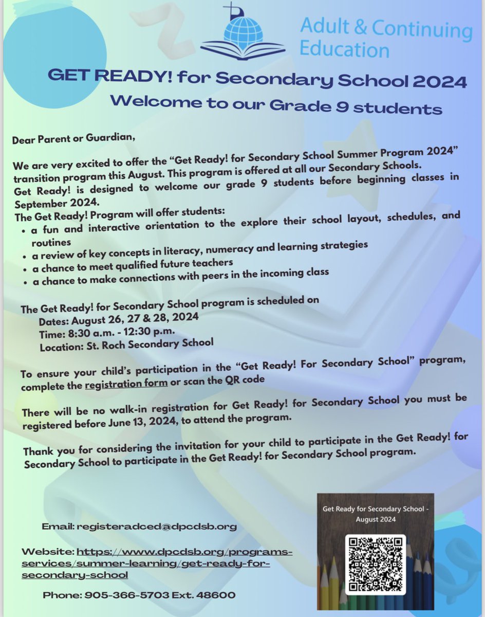 Grade 9’s Get Ready Program Starts Monday August 26- 28th 8:30- 12:30pm

All Grade 9 Students registered at St. Roch are invited! See you soon!!