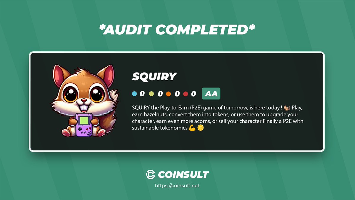 CoinsultAudits's tweet image. 🔒 AUDIT COMPLETED FOR SQUIRY

🎁 GIVEAWAY: $10 (48 hours)

1⃣ Follow @Squiry_online &amp;amp; @CoinsultAudits
2⃣ Like + RT this tweet
3⃣ Place a comment 💬

Go check out the full project page of SQUIRY 👇
coinsult.net/projects/squir…

#giveaway #audit #smartcontract #cryptogiveaway #crypto…