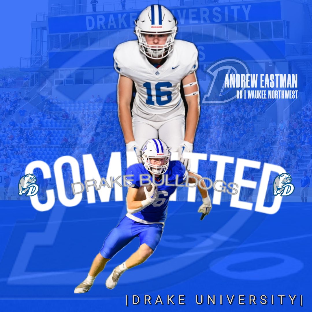 AndrewEastman03's tweet photo. I am very excited to announce that I will be continuing my academic and athletic career at Drake University. Thank you to all my family, friends, coaches, and teammates that supported me along the way. Go Bulldogs 🐶🔵⚪️ 
@tstepsis @THEseanhupke @DrakeBulldogsFB @WaukeeNWFB https://t.co/exwOUh3aVk