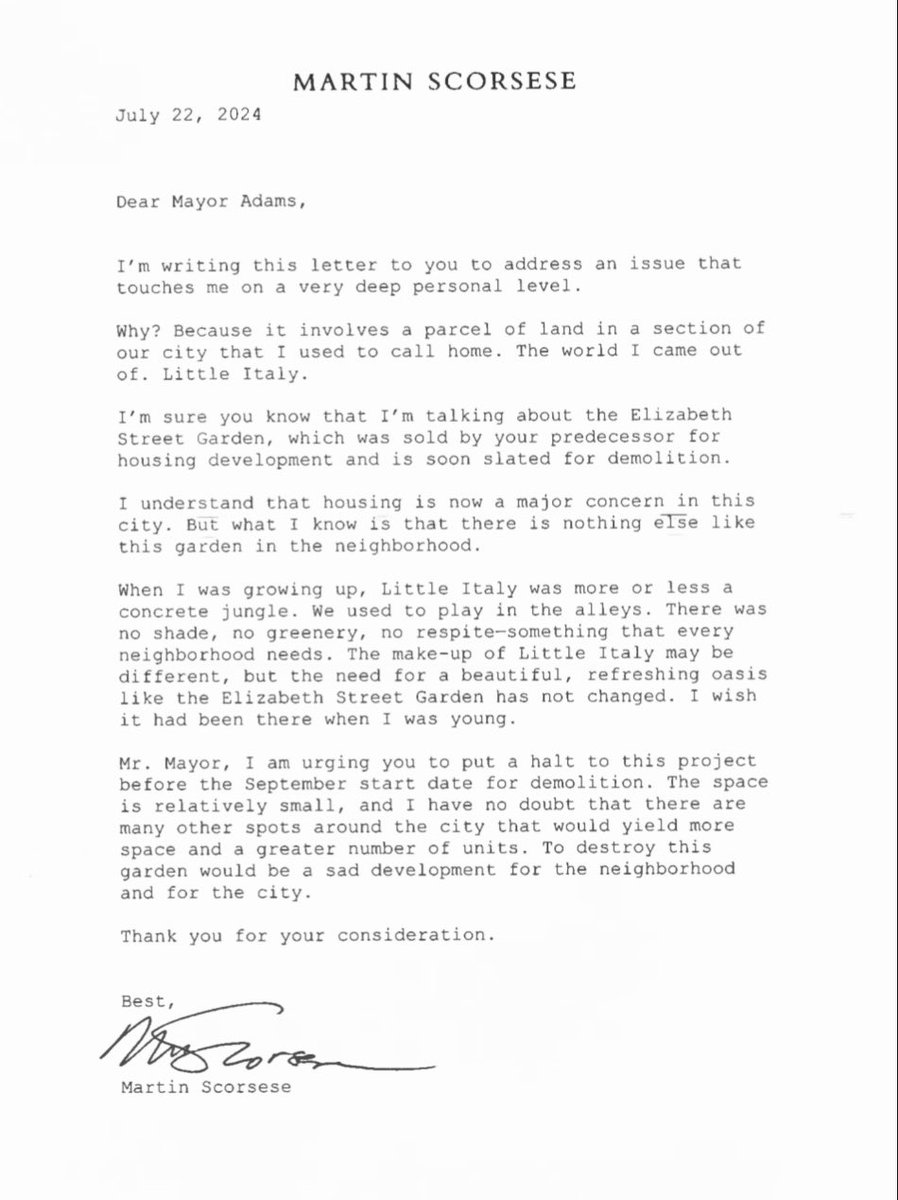 Martin Scorsese, Robert De Niro, &amp; Patti Smith join thousands of people, PS 130 Students, over 130 local seniors, and over 120 local businesses &amp; organizations urging Mayor Adams to save Elizabeth Street Garden. 

mailchi.mp/elizabethstree…