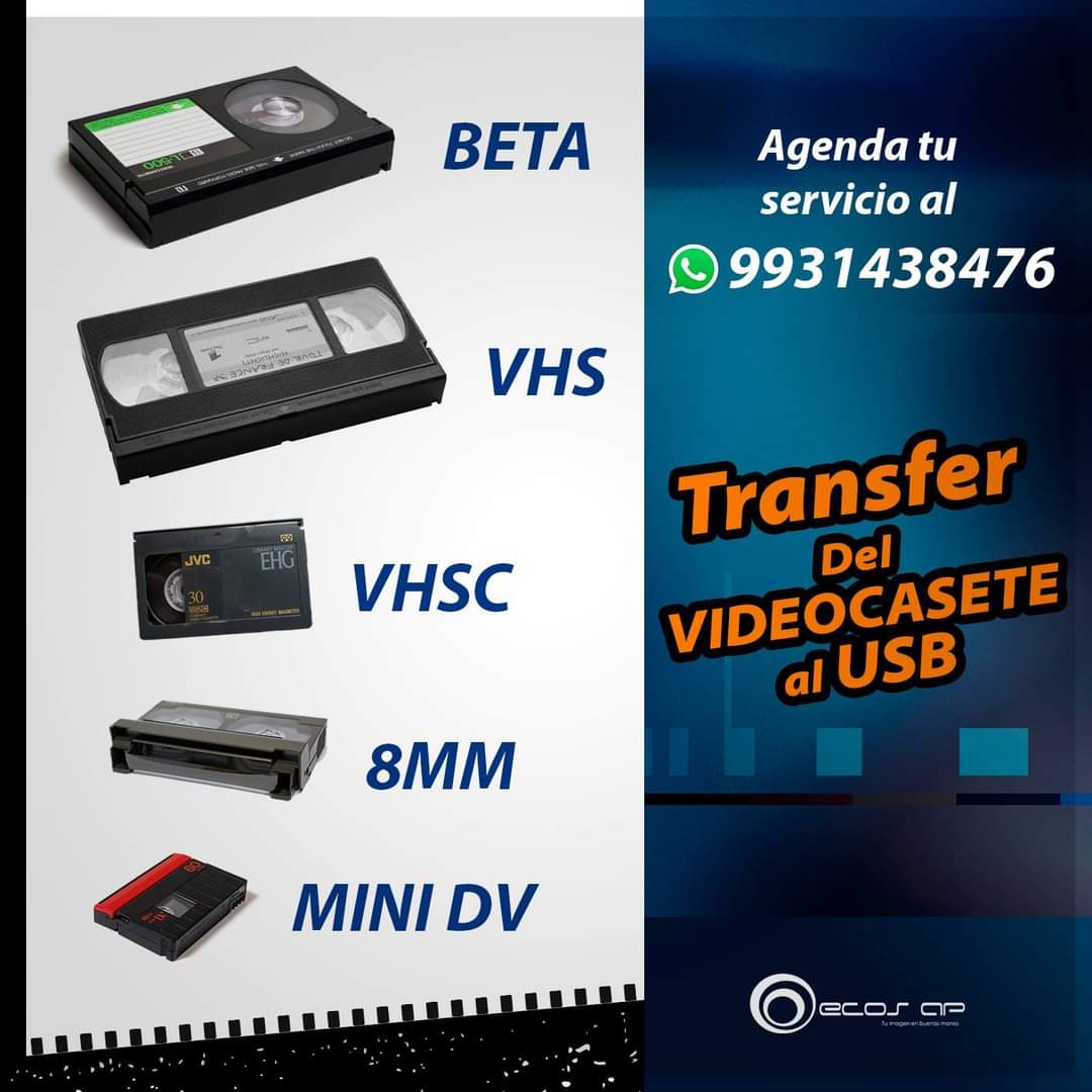 ECOSAP's tweet image. Transfiere tus videocasetes a USB.
Agenda tu servicio al 993 143 8476
Beta, VHS, VHSC, minidv, 8mm
Costo especial a partir de 3 piezas.
Pregunta por nuestro servicio de recolección y entrega a domicilio.
(ciudad de Villahermosa)