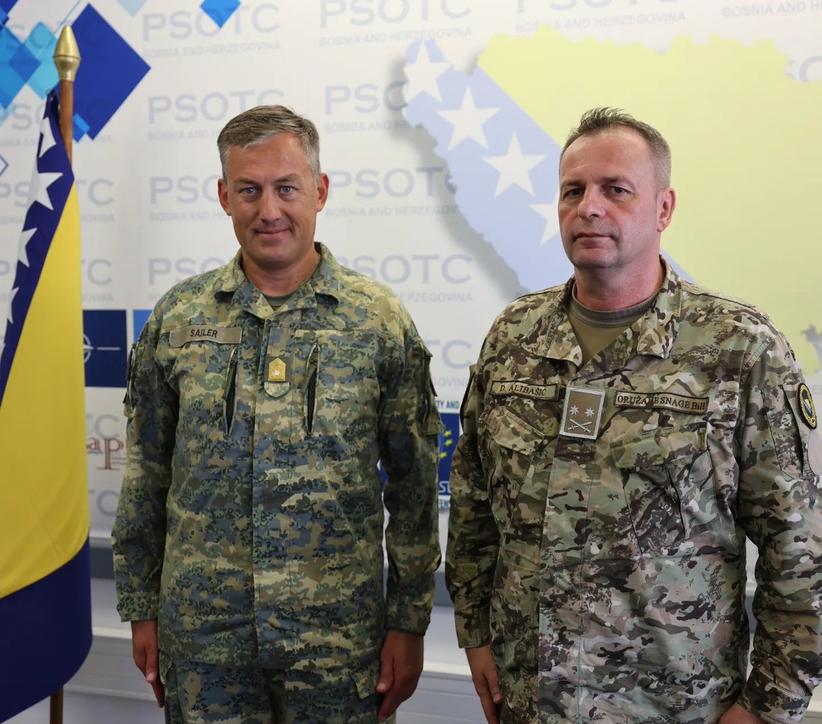 euforbih's tweet photo. COS EUFOR BG Herbert Sailer visited PSOTC of #AFBiH. He was welcomed by the Commandant of PSOTC LTC Damir Alibašić. #EUFOR and #PSOTC are not only located in the same compound, but both are committed to further enhancing the strong partnership &amp; professional cooperation. https://t.co/uohXZCb8DN