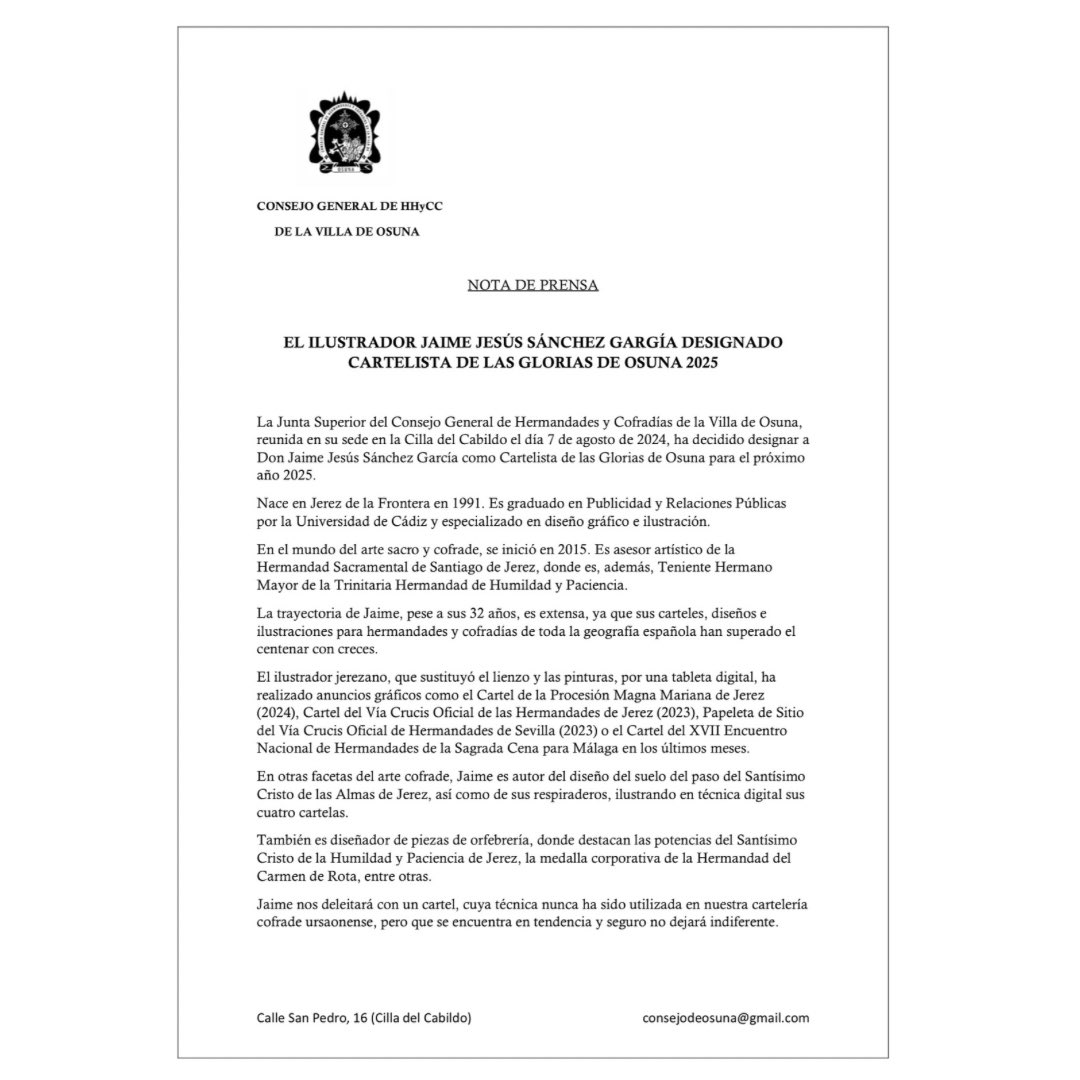 ConsejodeOsuna's tweet photo. ✝️ COMUNICADO OFICIAL | CARTELISTA DE LAS GLORIAS DE OSUNA 2025

D. Jaime Jesús Sánchez García será el encargado de ilustrar las Glorias de Osuna en el año 2025. https://t.co/Y2NbIpK99a
