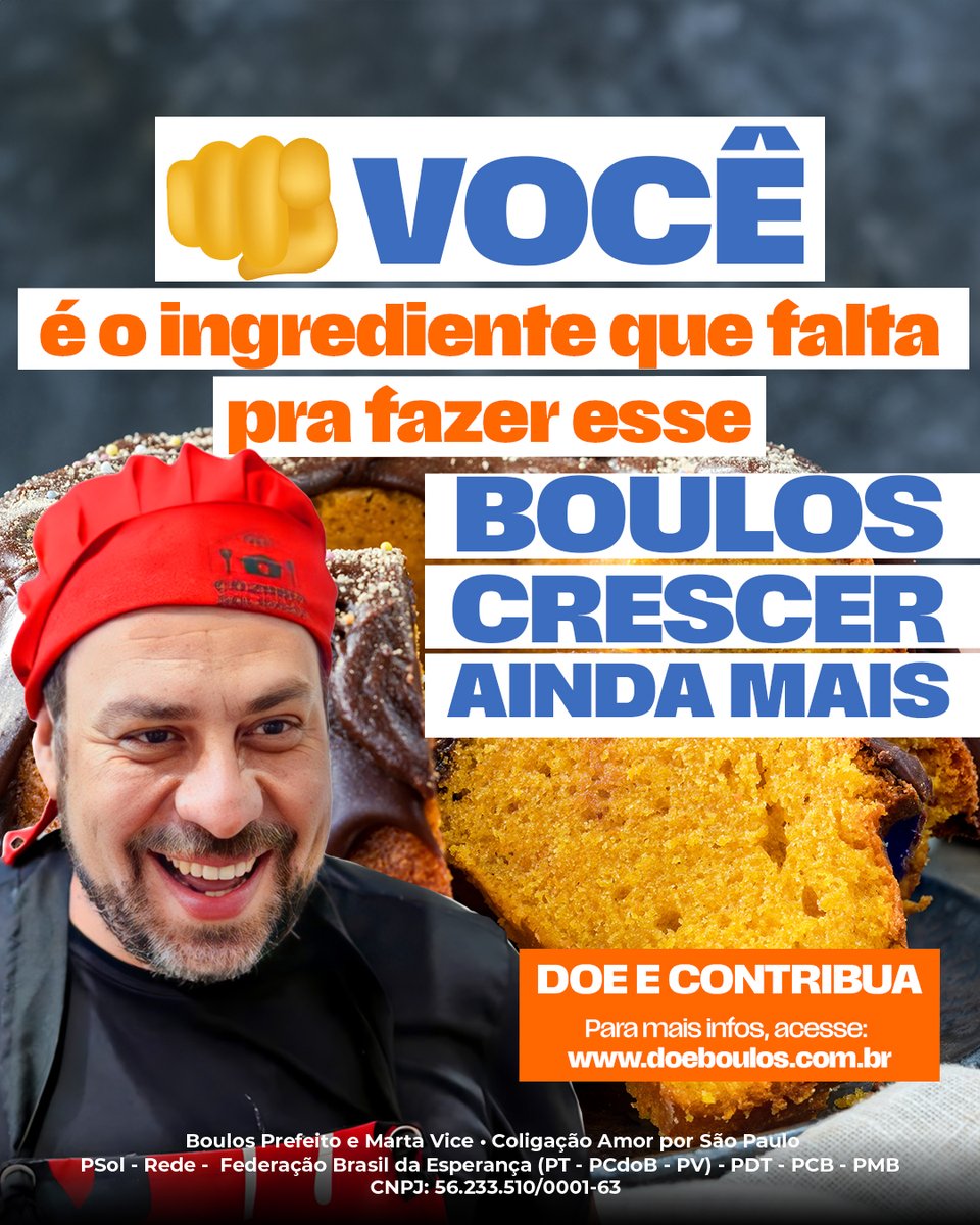 VOCÊ é o ingrediente que falta pra fazer esse BOULOS  crescer!
Doe e contribua com a nossa campanha para uma São Paulo melhor.
Para mais infos, acesse: doeboulos.com.br