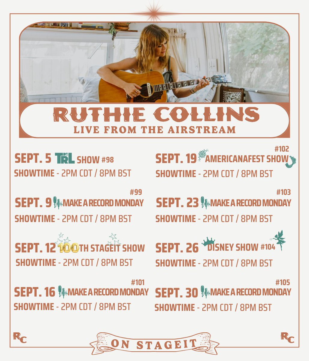 How is it already almost September!? So excited for another month of <a href="/stageit/">StageIt</a> shows for you guys! As always, tickets are Pay What You Can and are available now at StageIt.com/ruthiecollins 💕