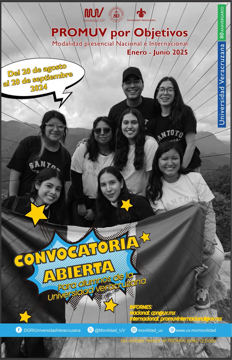 #EstudianteUV, ¡Ya está abierta la convocatoria de movilidad PROMUV para estancias académicas nacionales e internacionales en enero-junio 2025! 🌎
📚Consulta los detalles aquí:
uv.mx/.../2024/08/Co…