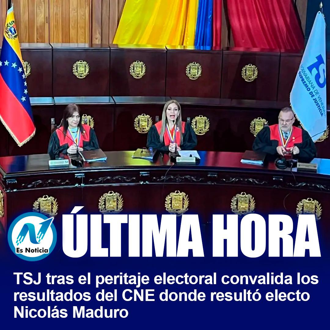 #Urgente La Sala Electoral del Tribunal Supremo de Justicia (TSJ) ratificó los resultados anunciados por el Consejo Nacional Electoral (CNE), dando como ganador de los comicios presidenciales del 28 de julio, a Nicolás Maduro.