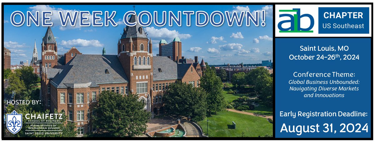 Don't miss out on the Early Registration Rate! The deadline is on August 31st, 2023.

Click below to register for the 2024 AIB-SE Conference in St. Louis, MO, hosted by the Boeing Institute of International Business at Saint Louis University.

us-se.aib.world/pre-conference/