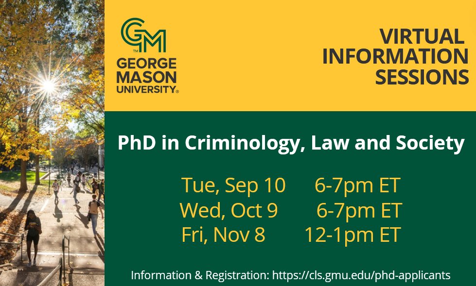 Thinking about a doctoral degree? Join us this fall to hear why we are the #1 criminology program in VA and a Top 10 program in the nation! #crimtwitter #criminology

Register for a virtual information session here: bit.ly/clsphdinfo