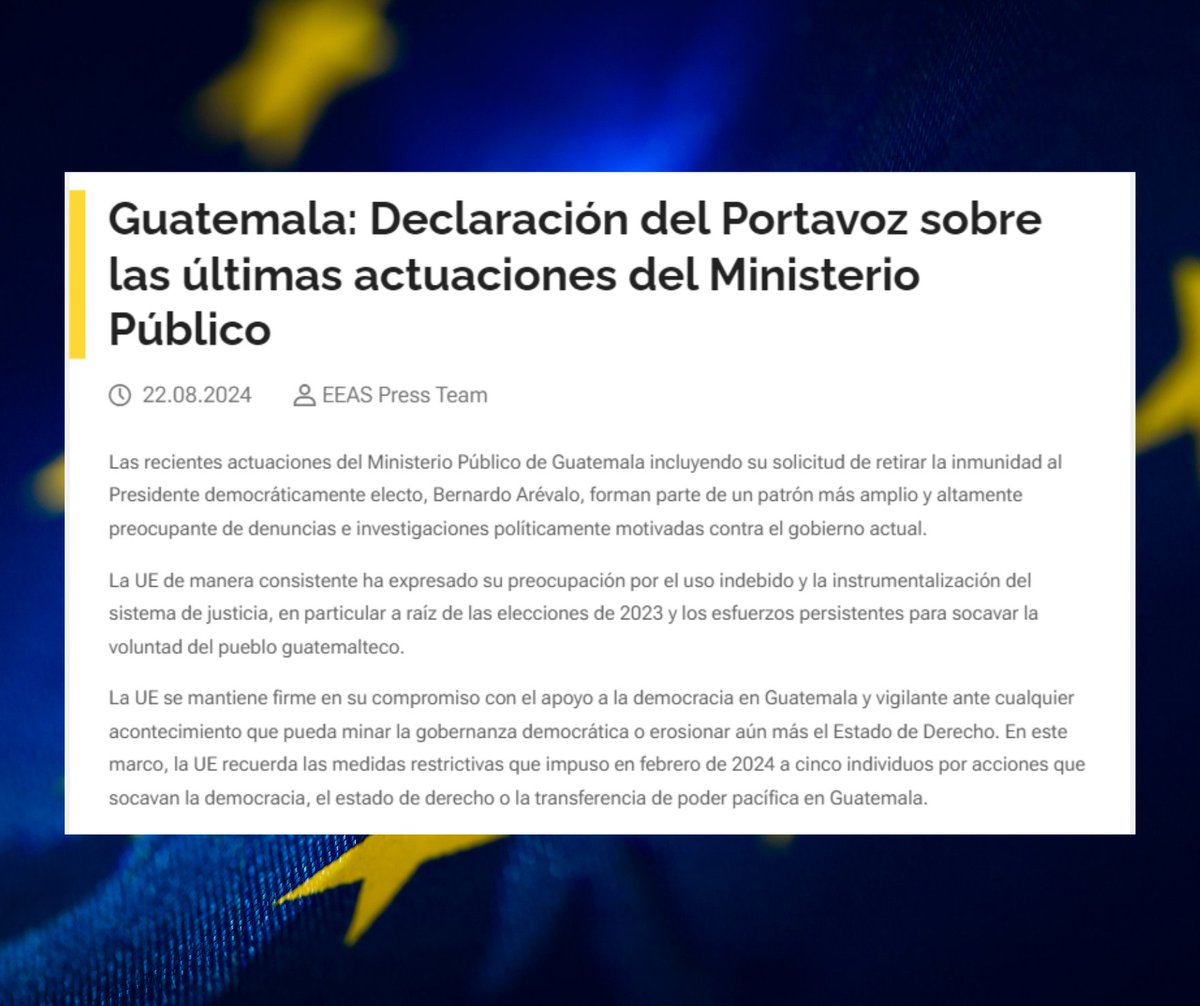 "Las actuaciones del #MinisterioPúblico forman parte de un patrón altamente preocupante de denuncias e investigaciones políticamente motivadas contra el gobierno actual. La #UniónEuropea mantiene su firme compromiso con la #Democracia en #Guatemala."

👇shorturl.at/ocBCY