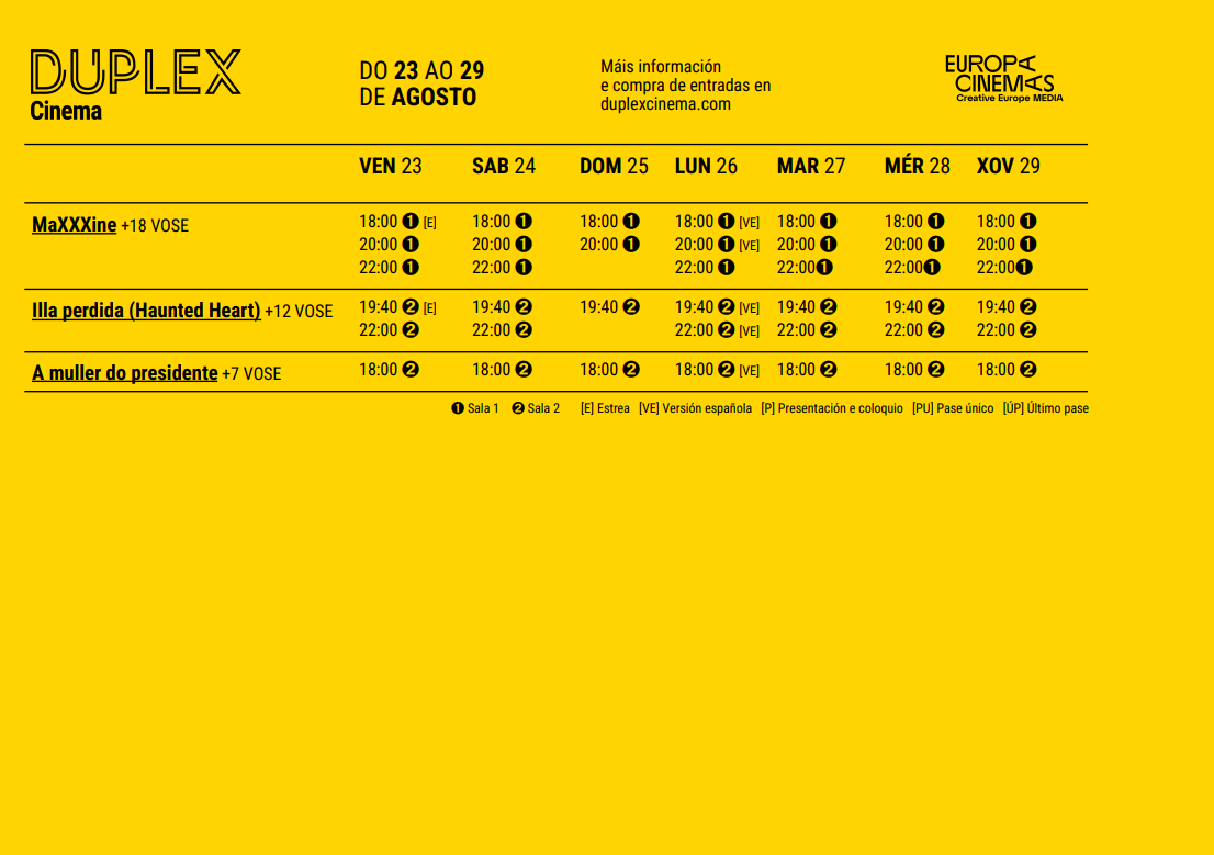 duplex_cinema's tweet photo. 💥Carteleira renovada!
👉 Estreas:
-MaXXXine (Ti West)
-Illa perdida (Haunted Heart) (Fernando Trueba)
👉 Novos pases de:
- A muller do presidente (Léa Domenach)
#maxxxine #tiwest #islaperdida #fernandotrueba #lamujerdelpresidente #ferrol #ferrolmola #duplexcinema https://t.co/0KQmcIoP8b