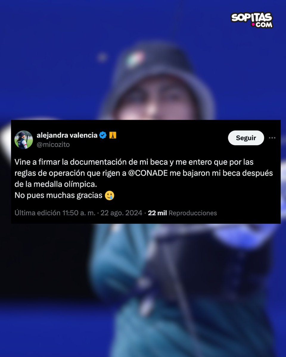 sopitas's tweet image. Chale y más chale con la @CONADE de Ana Guevara… 😤😠

Resulta que la atleta, Alejandra Valencia, fue a firmar cosas de su beca y se topó con la fea noticia de que le bajaron su beca. Con todo y que consiguió una medalla en los Juegos Olímpicos de Paris 2024.

¿Ahora qué dirá la