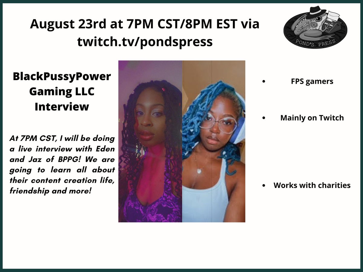 Chase Pond (@chasepond64) on Twitter photo Tomorrow @ 7PM CST/8PM EST, I will be having a live interview with <a href="/All_Dat_Jasz/">All_Dat_Jasz 隱村</a> & <a href="/Violets_Eden_26/">Violet/Persephone The Goddess Of Fertility🌺🌸🌹</a> of <a href="/bpp_gaming/">BPP Gaming,LLC</a>! We're going to talk about their gaming group, friendship and so much more on twitch.tv/pondspress! Tomorrow @ 7PM CST/8PM EST, I will be having a live interview with <a href="/All_Dat_Jasz/">All_Dat_Jasz 隱村</a> & <a href="/Violets_Eden_26/">Violet/Persephone The Goddess Of Fertility🌺🌸🌹</a> of <a href="/bpp_gaming/">BPP Gaming,LLC</a>! We're going to talk about their gaming group, friendship and so much more on twitch.tv/pondspress!