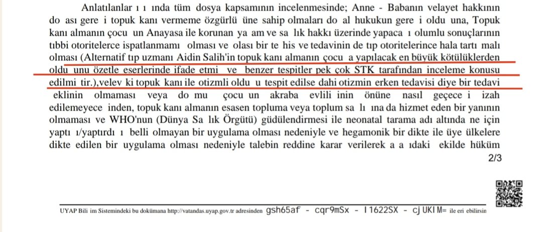 Kars Aile Mahkemesi, bebeğinden topuk kanı alınmasına izin vermeyen aileyi haklı buldu, çocuk için koruma tedbirine gerek yok dedi. Gerekçeli kararda neredeyse bilim karşıtı tüm uygulamalarda adını gördüğümüz Aidin Salih'i referans gösterildi... Devletin bir kurumu aileyi şikayet