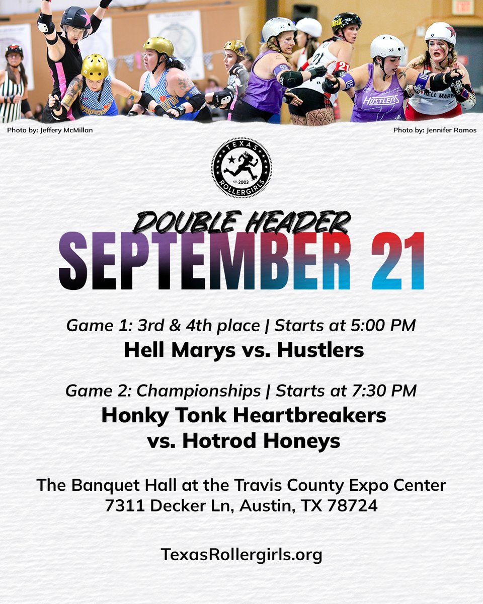 We are excited to announce that our final doubleheader will be at a new venue. Our new venue, The Banquet Hall at the Travis County Expo Center, will have plenty of parking and we will be selling alcohol. So, mark your calendars for September 21! 🎟️ bit.ly/Sept21-Champs