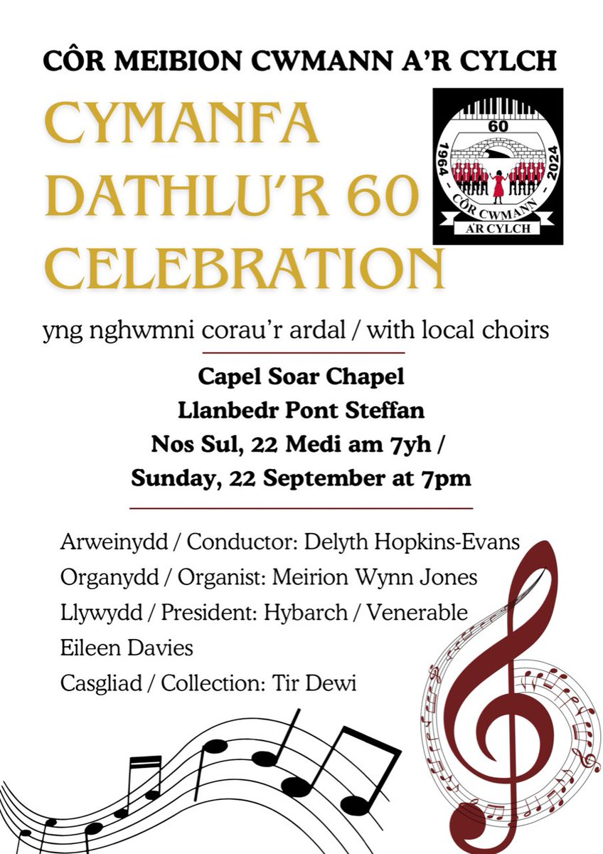 Dewch i ddathlu Pen-blwydd Côr Cwmann yn 60 yn ein Cymanfa Ganu Ar 22 Medi. Dewch yn llu! <a href="/Clonc360/">Clonc360</a> <a href="/CTLLPSLTC/">CT Llanbed Lamp TC</a> <a href="/bytholwyrdd/">Bytholwyrdd</a> <a href="/DelythPhillips/">Delyth Morgans Phillips</a> <a href="/Winwns/">Shân Jones</a> <a href="/S4C/">S4C 🏴󠁧󠁢󠁷󠁬󠁳󠁿</a>