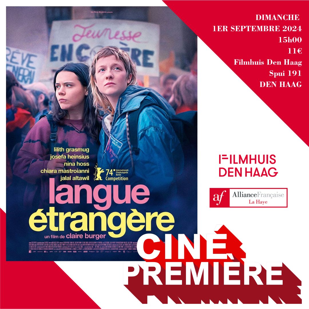 Ciné Première Filmhuis, c'est tous les 1ers dimanches du mois !🎉
📽️Langue Étrangère ;
🎞️Bande-annonce : youtube.com/watch?v=el_Pak…
🔍Film en français avec sous-titres en néerlandais ;
🗣️Suivi d'une discussion sur le film ;
📍Spui 191 in Den Haag ;
🎟️Entrée : 11€ à payer sur place.