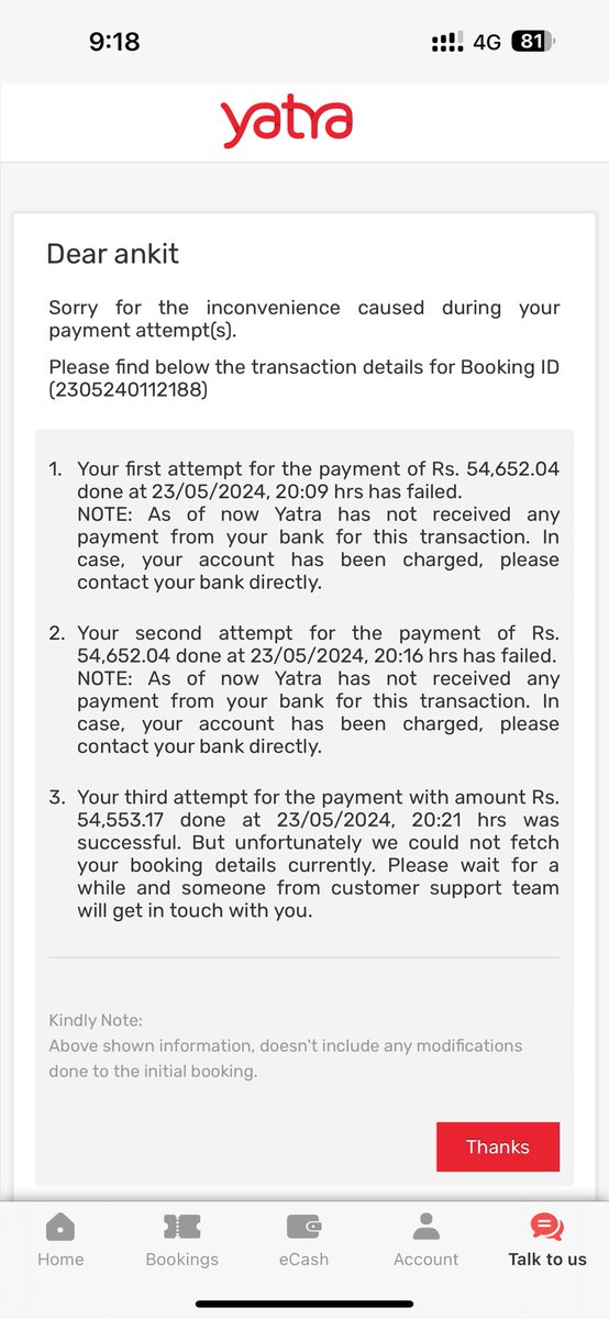 kapurankit's tweet photo. @YatraOfficial need urgent assistance. Have a flight in a few hours and I cannot check in online. Need to speak to someone urgently. This is the error message I am getting https://t.co/z1zFPaJgeX