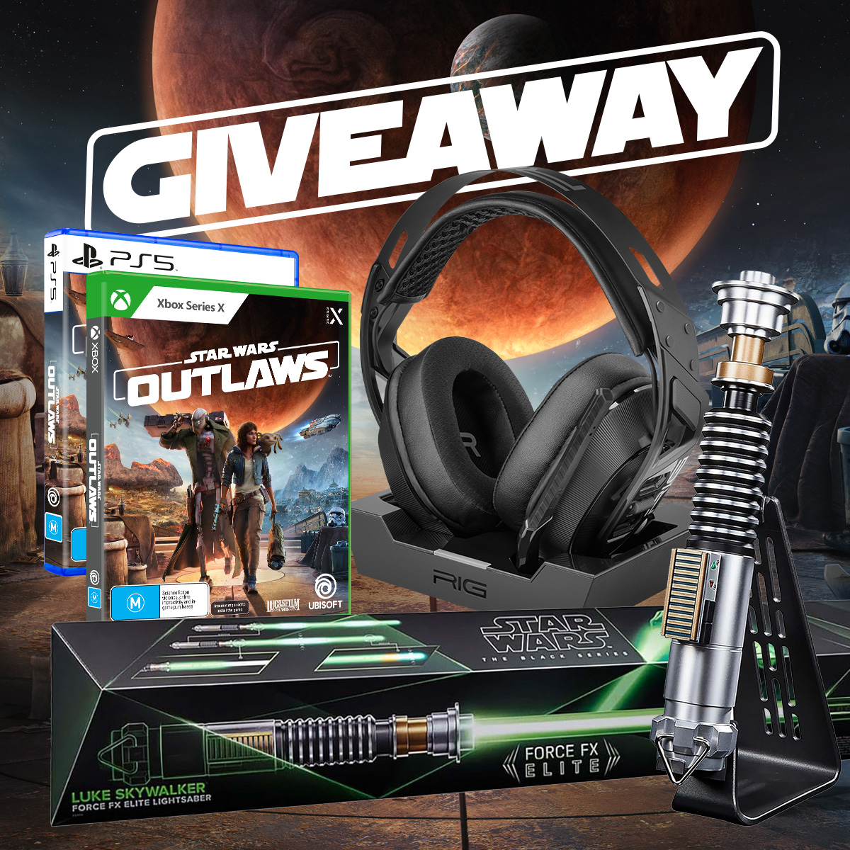 RIG Gaming (@riggaming) on Twitter photo Blast off to a galaxy far, far away with RIG's exclusive Star Wars Outlaws giveaway.
To win a copy of the game + RIG 900 MAX + replica Luke Skywalker lightsaber:
🔘 follow <a href="/RIGGaming/">RIG Gaming</a>
💚 like this post
🔁 repost
🌌 comment your favorite Star Wars character
Winner announced Blast off to a galaxy far, far away with RIG's exclusive Star Wars Outlaws giveaway.
To win a copy of the game + RIG 900 MAX + replica Luke Skywalker lightsaber:
🔘 follow <a href="/RIGGaming/">RIG Gaming</a>
💚 like this post
🔁 repost
🌌 comment your favorite Star Wars character
Winner announced