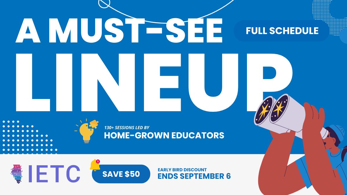 National voices. Home-grown teachers. Seasoned leaders – they’ll all be at #IETC2024 👀

Explore the full schedule now, including sessions from <a href="/ericcurts/">Eric Curts</a>, <a href="/SantosEdTech/">Eric Santos</a>, <a href="/minerclass/">Micah J. Miner, Ed.S., CETL</a> &amp; more.

🎟️ Grab your ticket before Sept. 6 &amp; save $50

🔗 ltcillinois.org/ietc/schedule/ <a href="/ILEdTechCon/">IETC (Illinois Education & Technology Conference)</a>