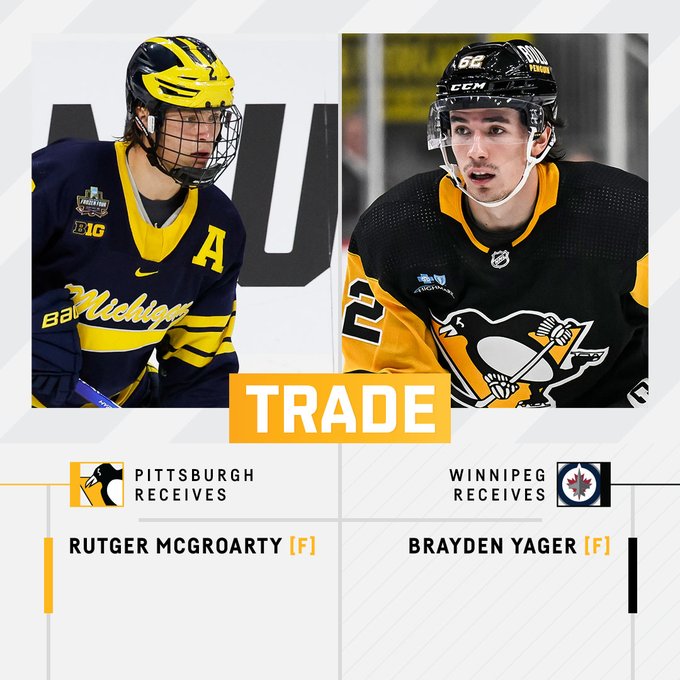 Photo of Rutger McGroarty and Brayden Yager with text that says their names and "Trade."