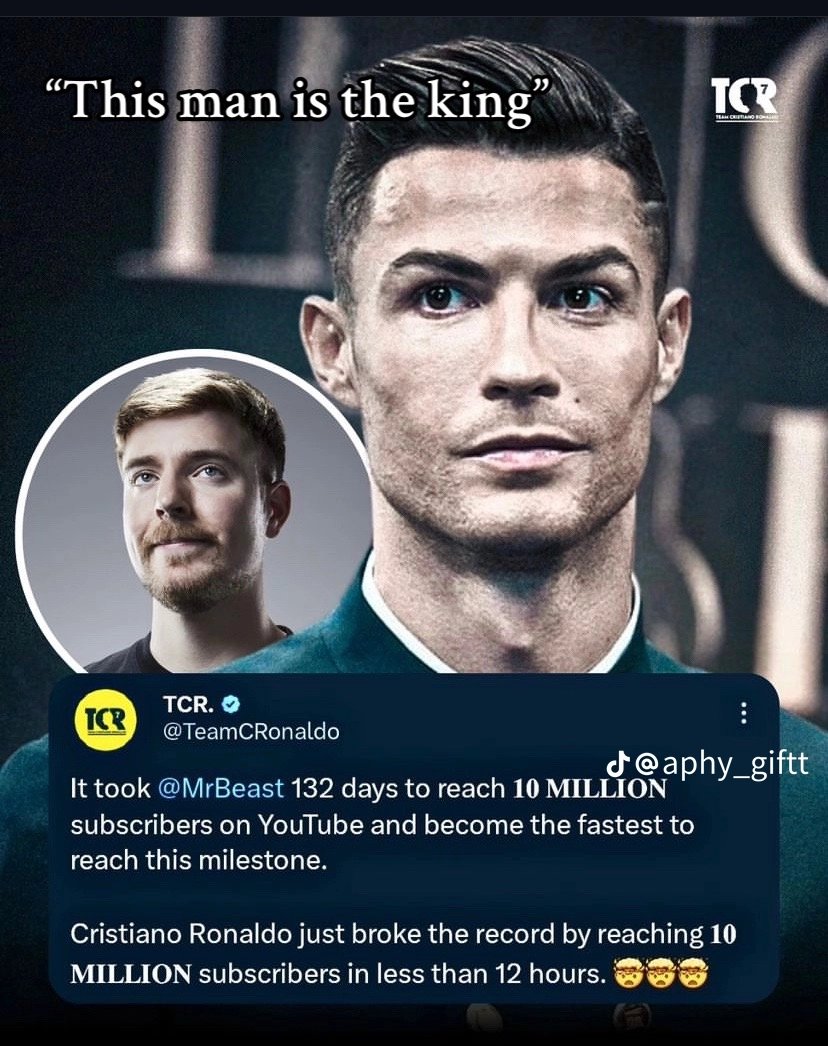 I just love christiano Ronaldo
Always fond of breaking records wherever he goes
Characteristics of a GOAT
Please continue siuuuuuubscribing  😂💙