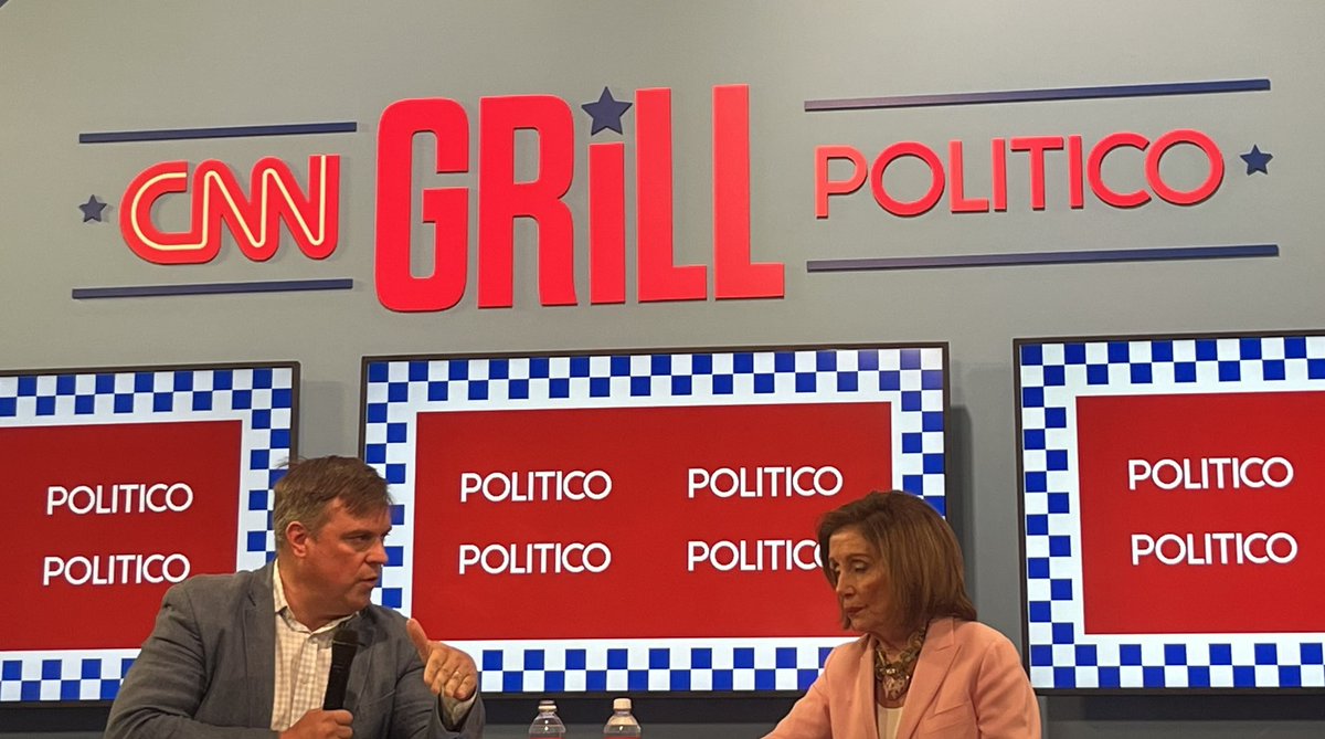 “I’m not amused by that,” Nancy Pelosi says when presented with a “Godmother” pin at the CNN-Politico Grill at the DNC in reference to her behind the scenes operating