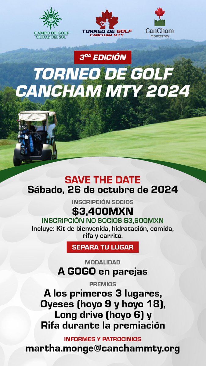¡Reserva tu lugar! ⛳ 🏌‍Te invitamos a participar en la 3ª edición del Torneo de Golf CanCham Monterrey, que se llevará a cabo el próximo sábado 26 de octubre en el campo de golf Ciudad del Sol. 

⬇ Registro y mayores informes: 
martha.monge@canchammty.org
