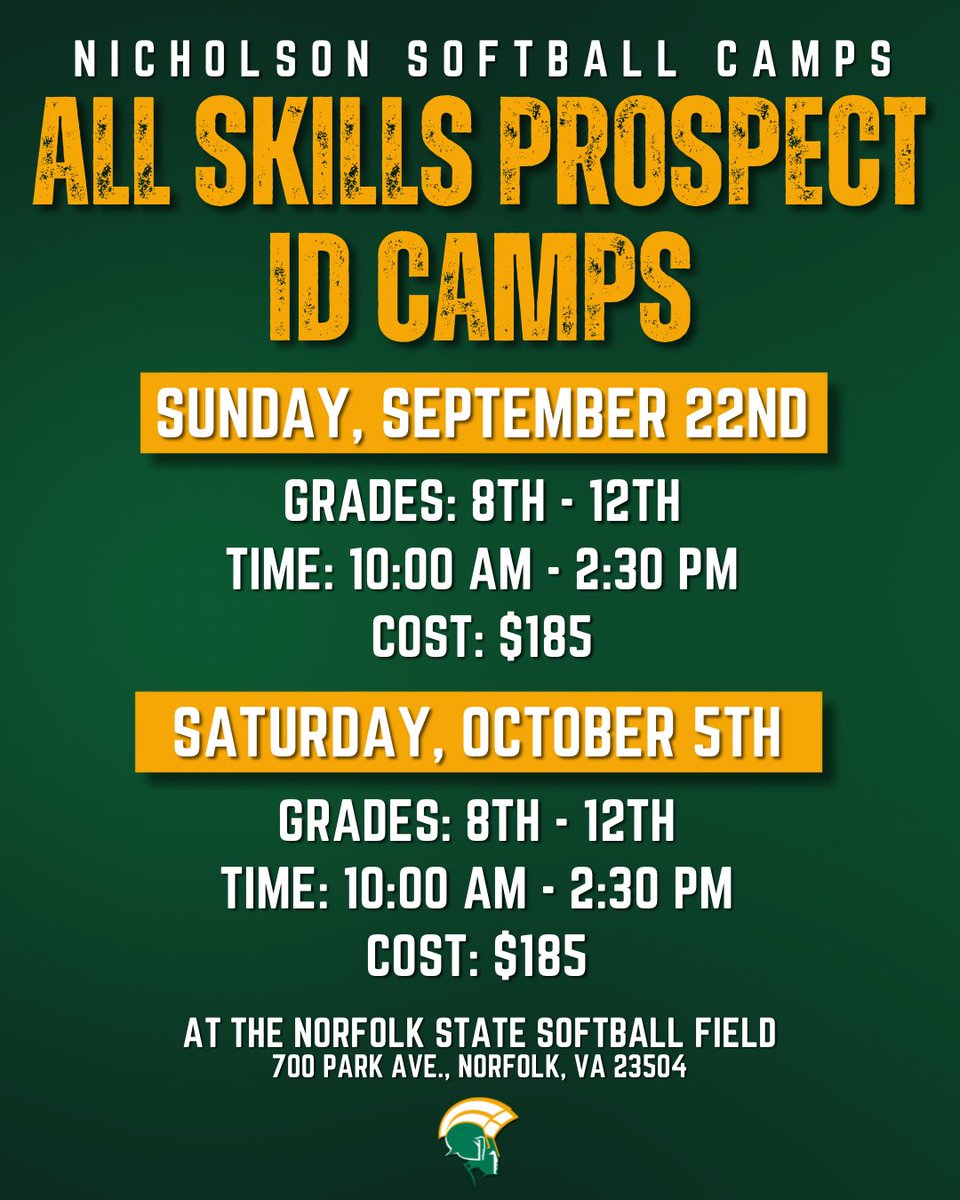 Norfolk State Softball (@nsusoftball) on Twitter photo π₯πππ π£ π’π£π£π’π₯π§π¨π‘ππ§πππ¦π₯
We will be hosting 2 camps this fall at our house on September 22nd and October 5th!
Click the link β¬οΈ to register for one of these camps todayβοΈ
π nicholsonsoftballcamps.com
π§β a.nicholson@nsu.edu
#WeAreEnough #GoldStandard #Behold π₯πππ π£ π’π£π£π’π₯π§π¨π‘ππ§πππ¦π₯
We will be hosting 2 camps this fall at our house on September 22nd and October 5th!
Click the link β¬οΈ to register for one of these camps todayβοΈ
π nicholsonsoftballcamps.com
π§β a.nicholson@nsu.edu
#WeAreEnough #GoldStandard #Behold