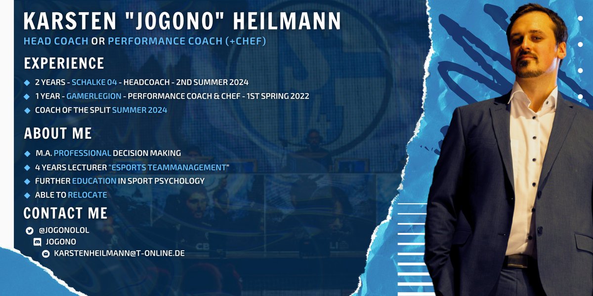 Jogono (@jogonolol) on Twitter photo My journey with <a href="/S04EsportsLoL/">Schalke 04 Esports League of Legends</a> has to sadly end soon. I am very grateful, especially for this year. Looking forward I am open for fulltime offers for the Head Coach or Performance Coach role.
References: Anyone from my team
💙🤍 for likes and retweets My journey with <a href="/S04EsportsLoL/">Schalke 04 Esports League of Legends</a> has to sadly end soon. I am very grateful, especially for this year. Looking forward I am open for fulltime offers for the Head Coach or Performance Coach role.
References: Anyone from my team
💙🤍 for likes and retweets