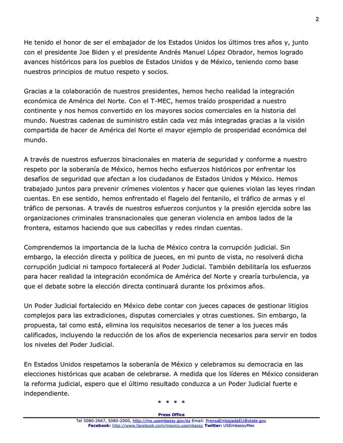 Esta declaración del embajador de Estados Unidos en México es importantísima. Lo dice alto y claro: la reforma judicial es un riesgo mayor para la democracia. Hay que difundirlo mucho.