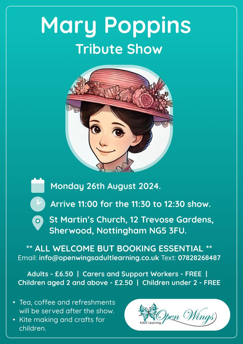 It’s been an age . We finally got around to getting back onto x !  Look what’s happening in Sherwood on Bank Holiday Monday for adults and young people with learning disabilities, and families/carers.  Booking essential !  No admission without booking. @marypoppinstributeuk