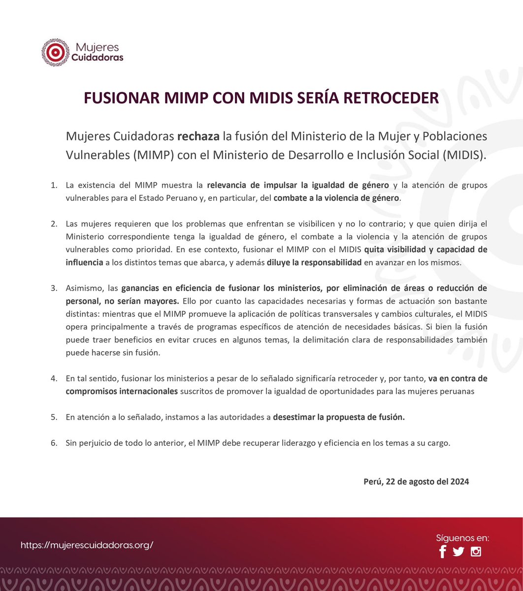 📢 La asociación Mujeres Cuidadoras comunica lo siguiente:

 #NoALaFusión #NoMásViolencia #BastaDeRetrocesos #MIMP #MIDIS #MujeresCuidadoras #ElMIMPSeQueda 
<a href="/MimpPeru/">Ministerio de la Mujer y Poblaciones Vulnerables</a> <a href="/pcmperu/">Consejo de Ministros</a> <a href="/congresoperu/">Congreso del Perú 🇵🇪</a>